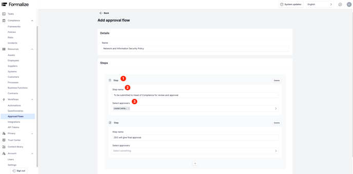 How to add steps to your approval flow on Formalize, compliance software