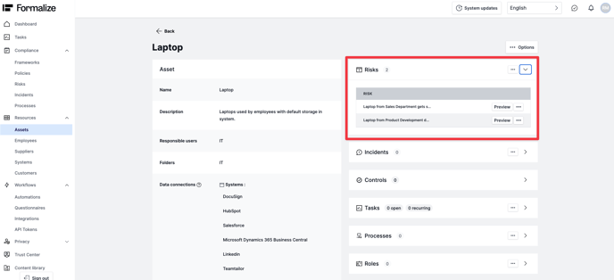 how to view an asset connected to a risk on Formalize, compliance system for professionals