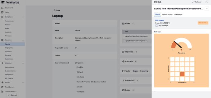 Risk connected to an asset on Formalize, DORA software