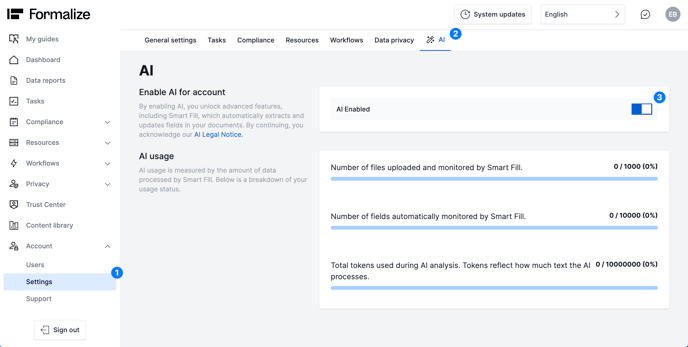 how to enable smart fill AI feature on a Formalize account